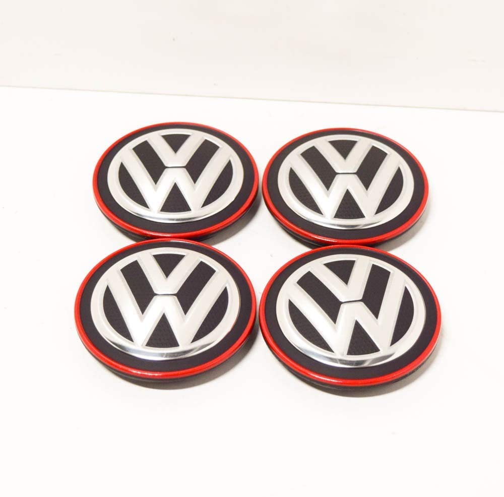 Volkswagen VAG Ersatzteil Original Set 4 Teile x Radkappen Mitte Räder Alufelgen (Chrom/Rot), 5G0601