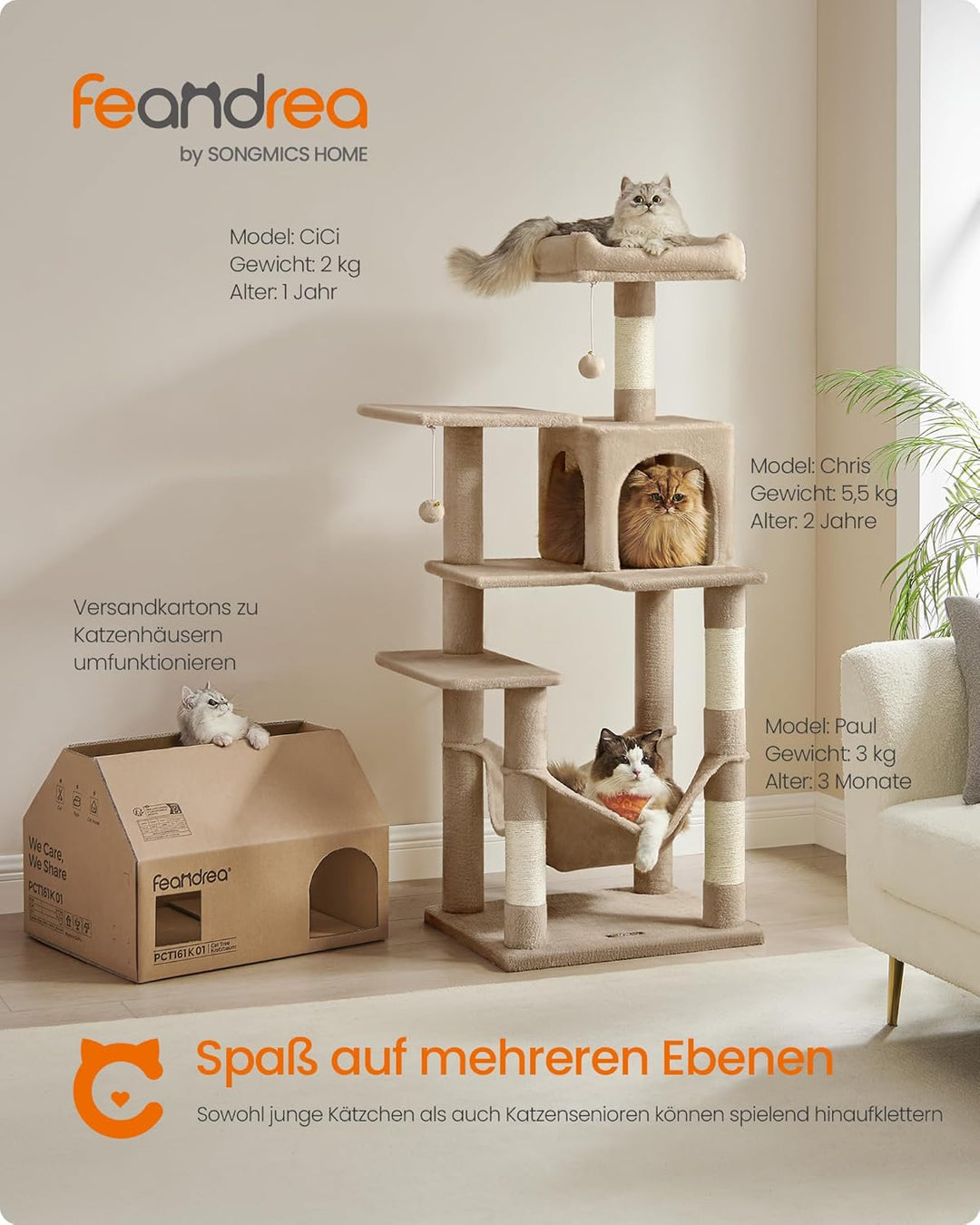 Feandrea Kratzbaum, 143 cm hoch, Katzenbaum, mehrstöckiges Katzenhaus, mit 4 Kratzsäulen, 2 Plattfor