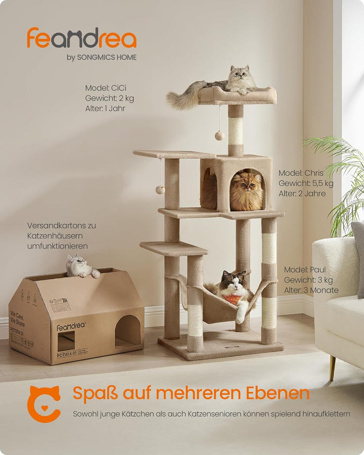 Feandrea Kratzbaum, 143 cm hoch, Katzenbaum, mehrstöckiges Katzenhaus, mit 4 Kratzsäulen, 2 Plattfor