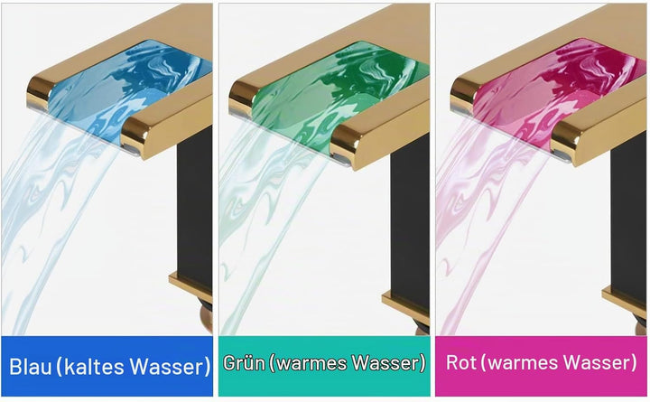 Wasserhahn mit Licht Bad, LED Wasserfall Badezimmer Wasserhahn Schwarz&amp;Gold Led Licht 3 Farben Änder