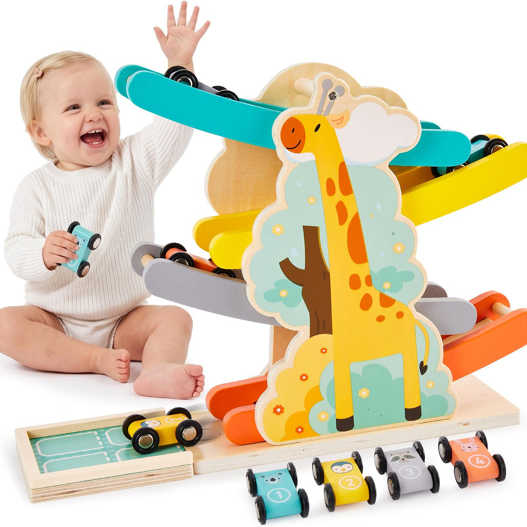 HERSITY Autorennbahn Holz Kugelbahn Spielzeug mit 4 Fahrzeuge, Holzspielzeug Kinder mit Tiermotiven,