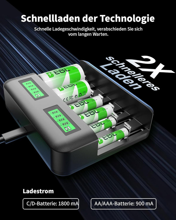 EBL Akku ladegerät inkl. 4X C 5000mAh für AA AAA C D NI-MH Akkus Type C Input Schnell ladegerät, LCD