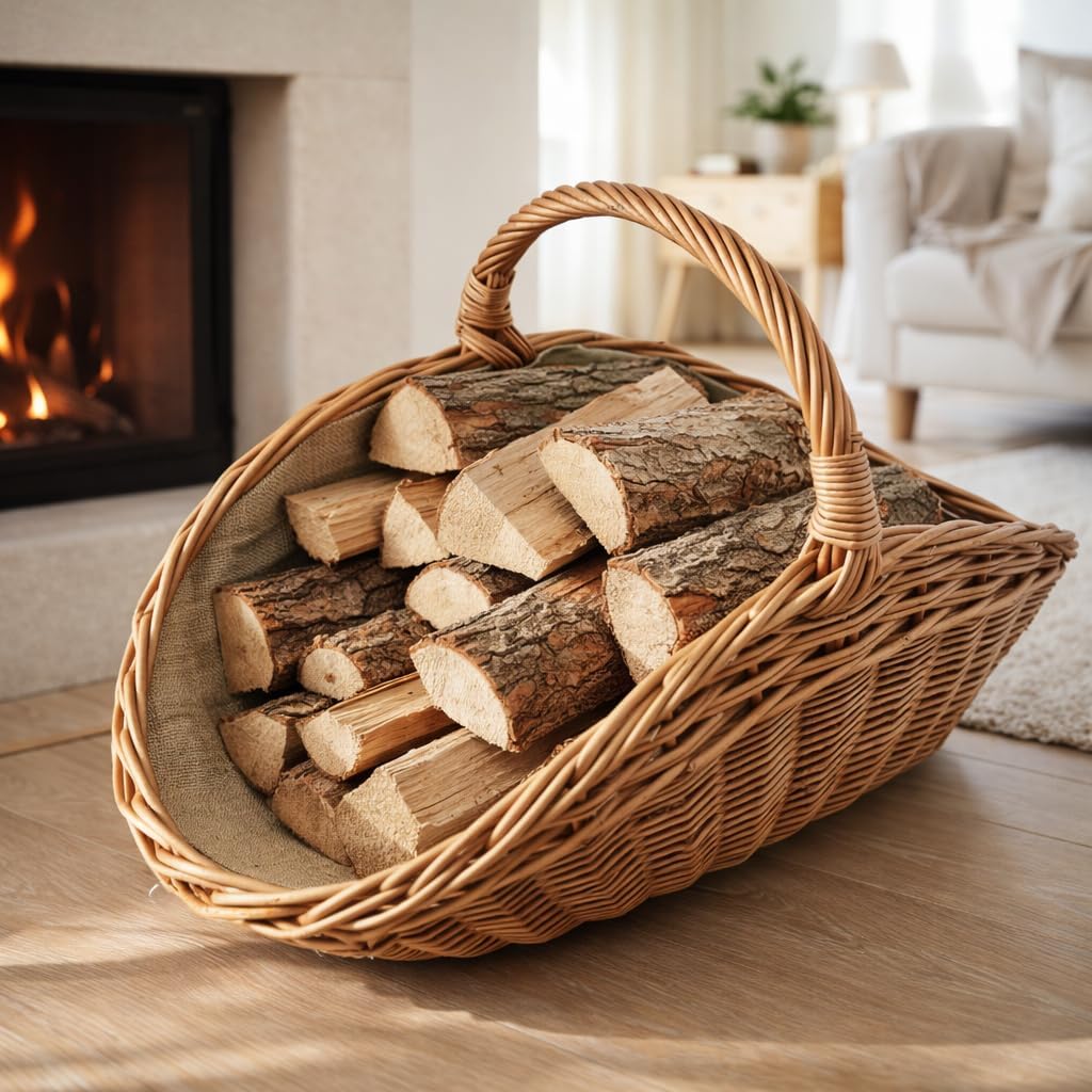 Kaminholzkorb aus Rindenweide mit Jutefutter (72 × 42 × 25/39 cm) – Handgeflochtener Weidenkorb zum