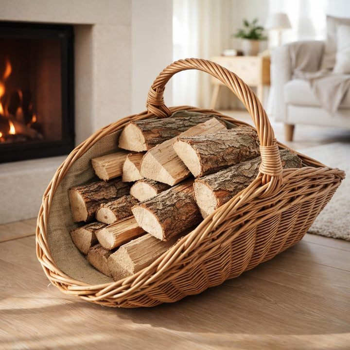 Kaminholzkorb aus Rindenweide mit Jutefutter (72 × 42 × 25/39 cm) – Handgeflochtener Weidenkorb zum