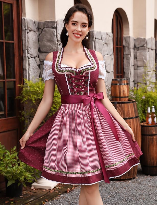 Clearlove Dirndl Damen midi 3tlg Trachtenkleid Damen Trachtenrock Trachtenmode Kleid Dirndlbluse für