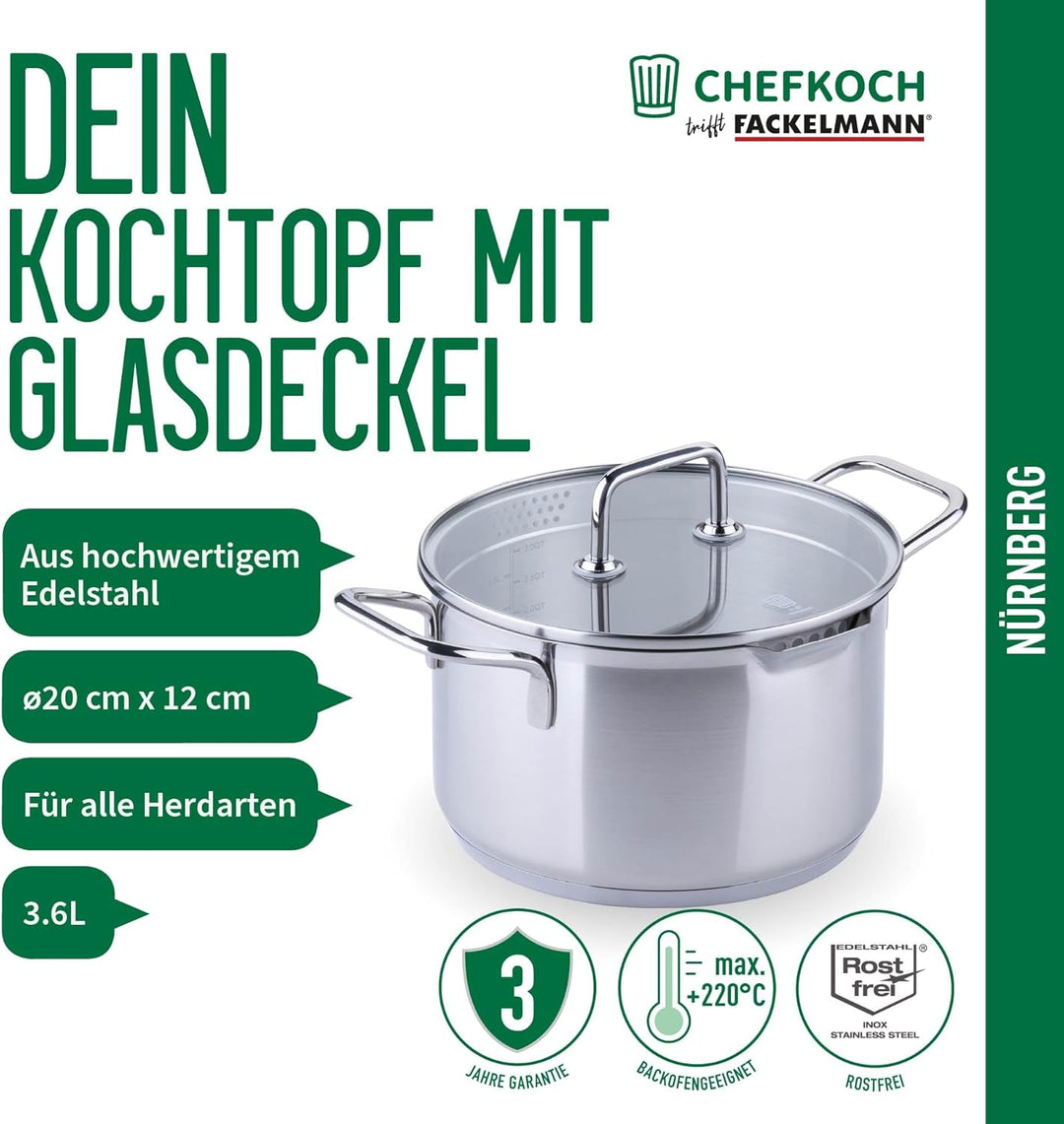 Fackelmann Chefkoch Kochtopf mit Glasdeckel Ø20cm & 3.6L Nürnberg – Aus Premium Edelstahl mit Alumin