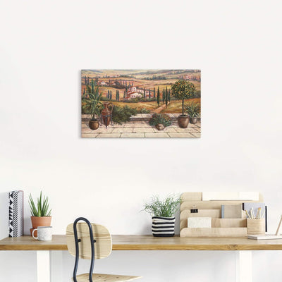 ARTLAND Leinwandbilder auf Holz Wandbild 70x40 cm Querformat Landschaft Italien Toskana Terrasse Url