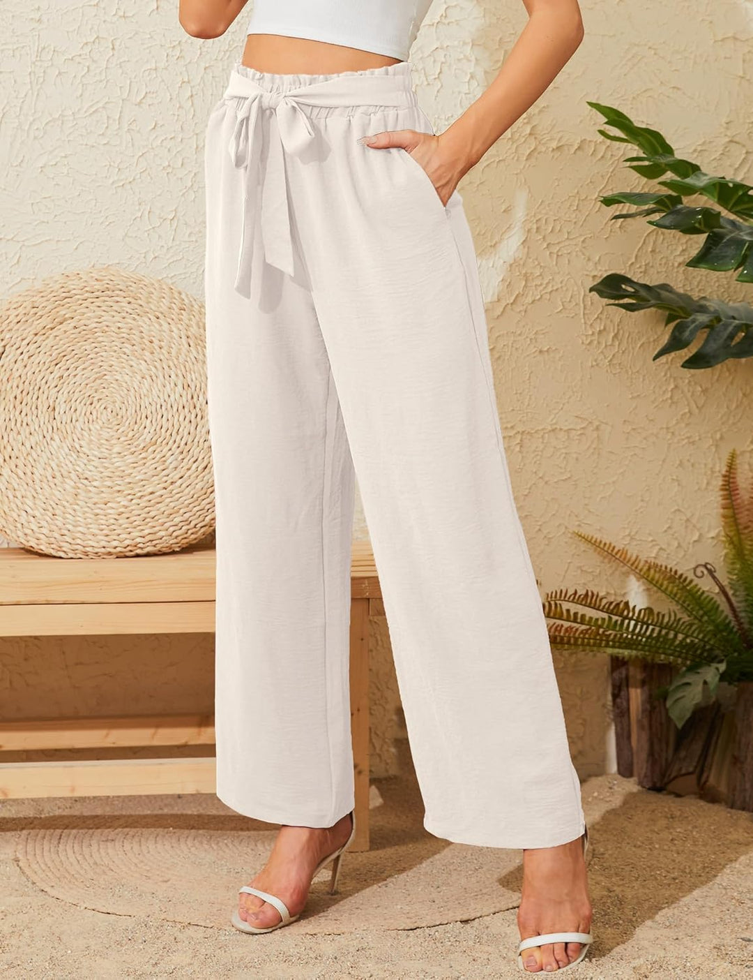 Damen Hose mit weitem Bein Leicht und Elegant Elastischer Bund Sommerhose mit Taschen für Legere Arb