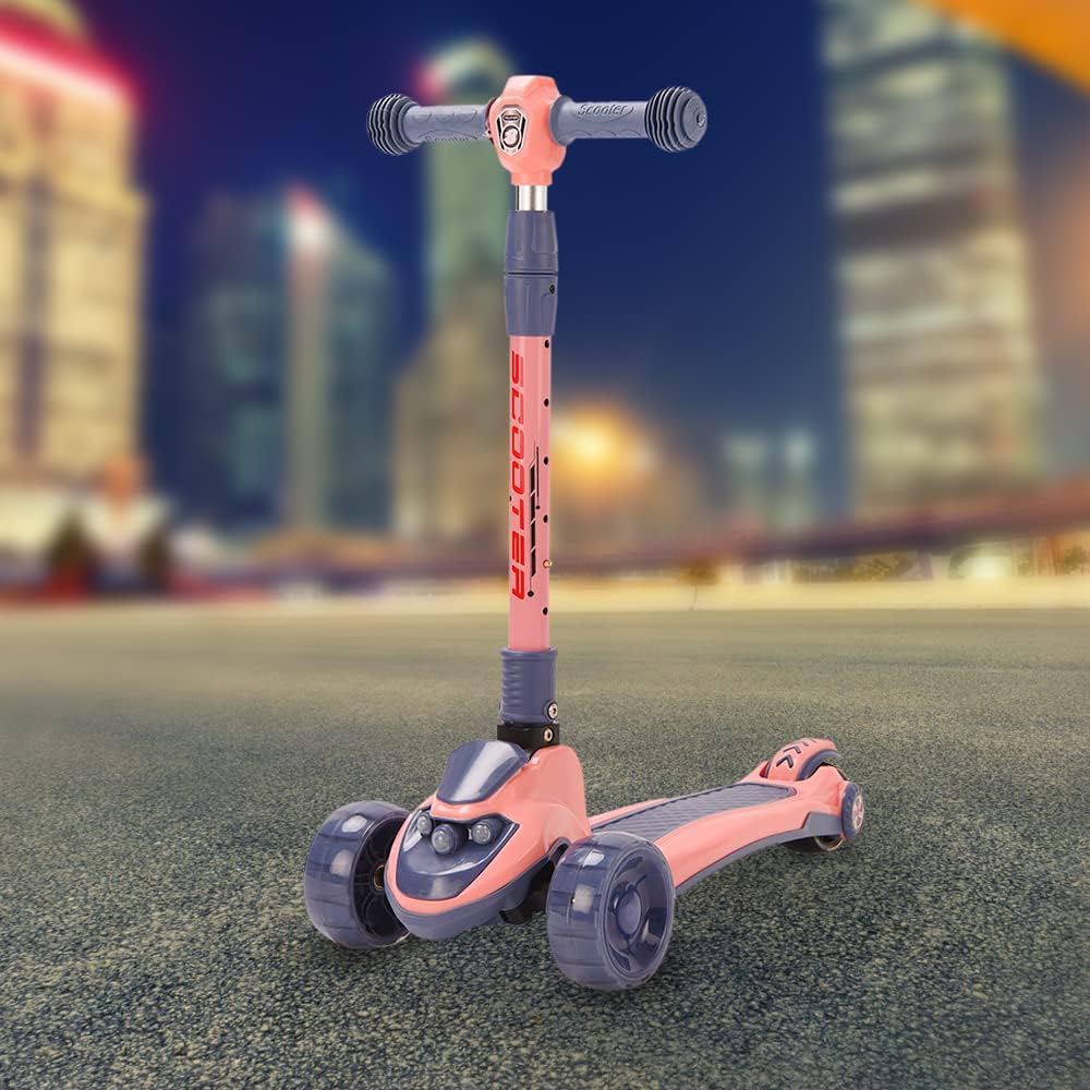 Tretroller mit 3 Rädern für Scooter, faltbar, bunt | rutschfeste Brücke höhenverstellbar mit LED-Lic