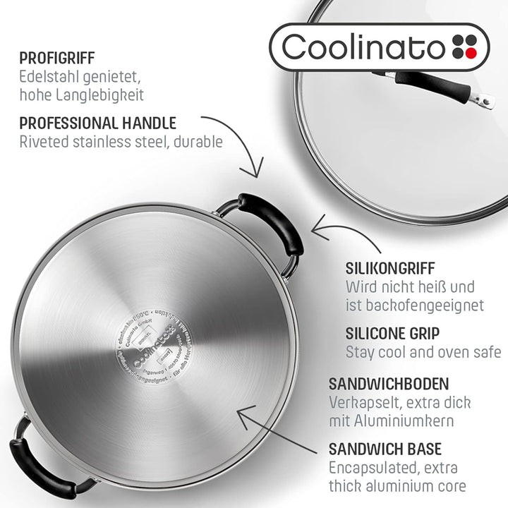 Coolinato Schmorpfanne Edelstahl 28cm beschichtet Schmortopf inkl. Glasdeckel, Bräter für Gas Ceran