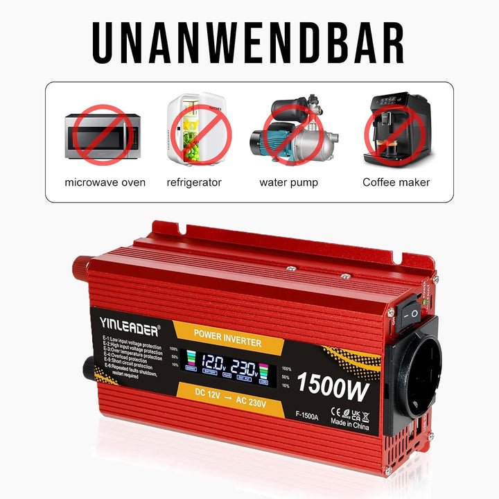 Spannungswandler 750 W/1500 W 12 V 220 V Konverter 12 V 230 V LCD 2 USB Spannungswandler 12 V 220 V,