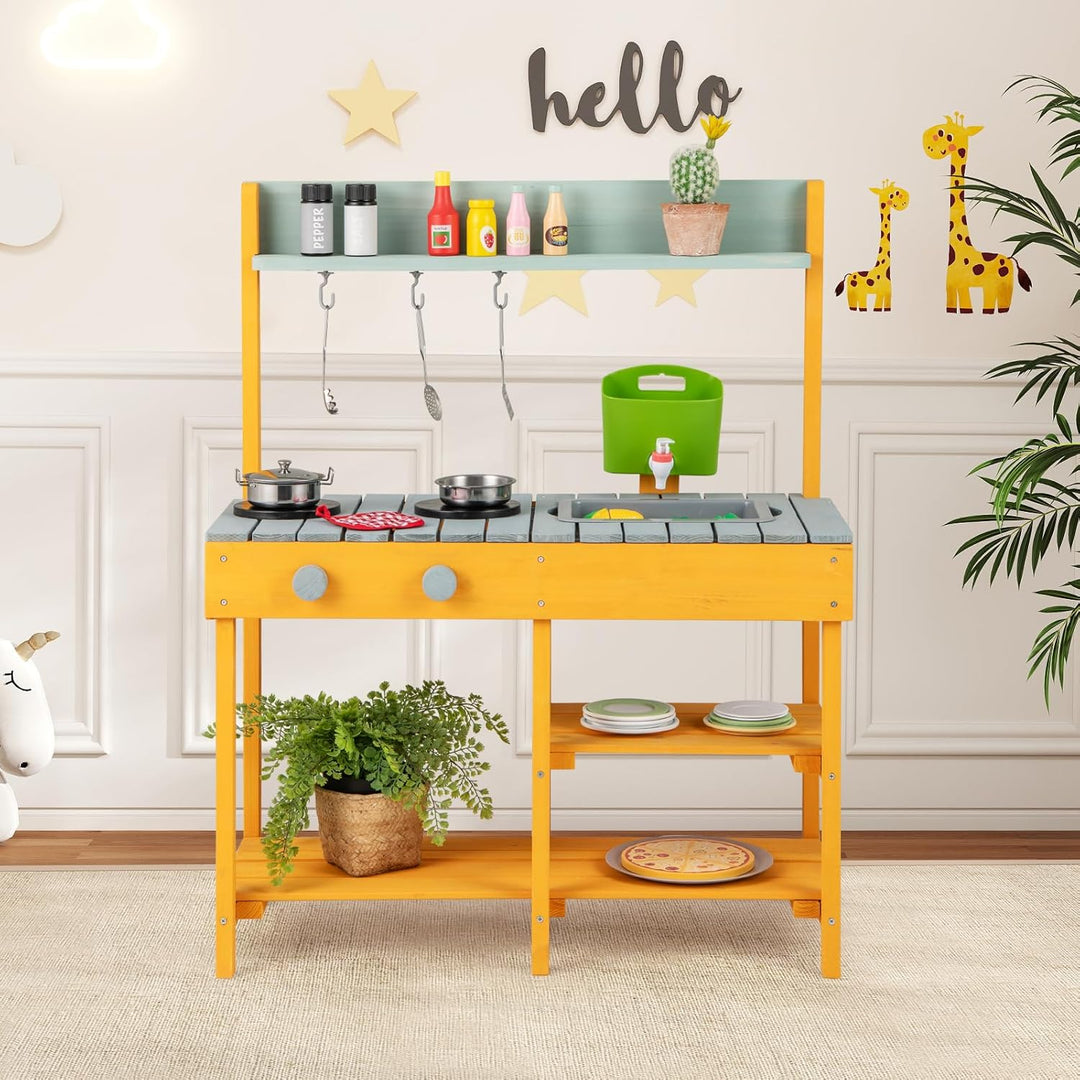 COSTWAY Matschküche Kinder Outdoor, Kinderküche Holz mit Wasserfunktion, Spielküche mit Haken & abne