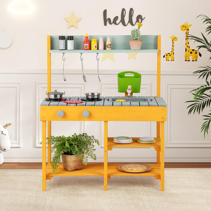 COSTWAY Matschküche Kinder Outdoor, Kinderküche Holz mit Wasserfunktion, Spielküche mit Haken & abne