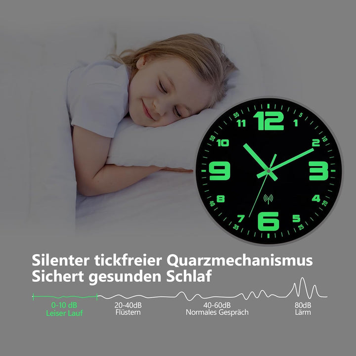Funkuhr Wand Wanduhr Funk lautlos Leuchtend im Dunkeln Funkwanduhr Wanduhr Ohne Tickgeräusche Geräus