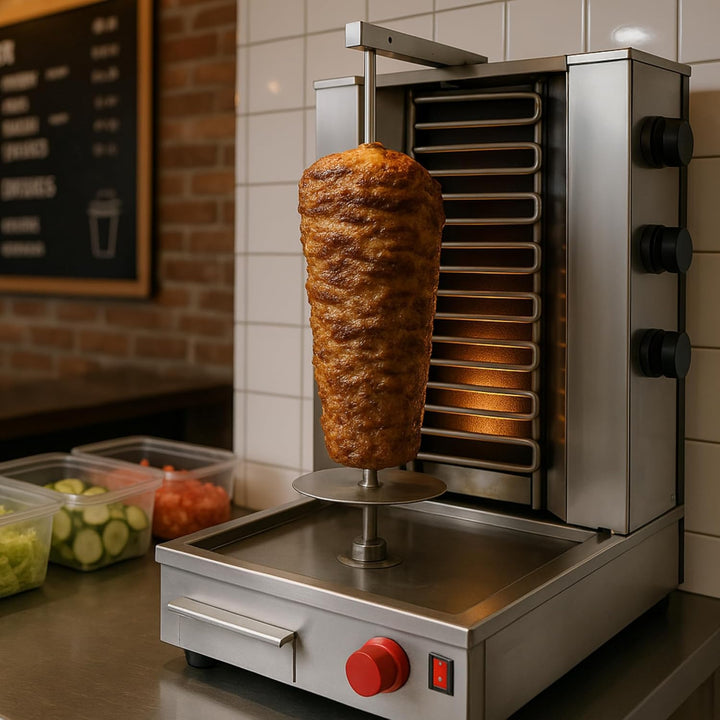 Kebab Maschine Gyros Profi – 3 elektrische Brenner – einstellbare Temperatur – Edelstahl – ideal für