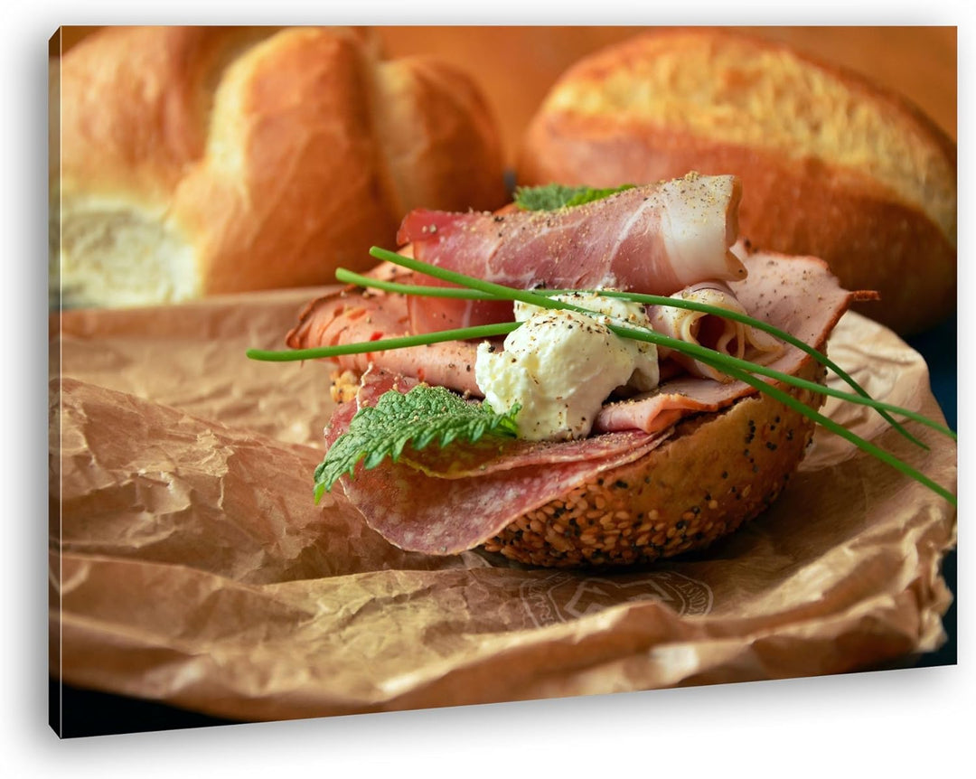 deyoli Brötchen mit Wurst Format: 80x60 als Leinwandbild, Motiv fertig gerahmt auf Echtholzrahmen, H
