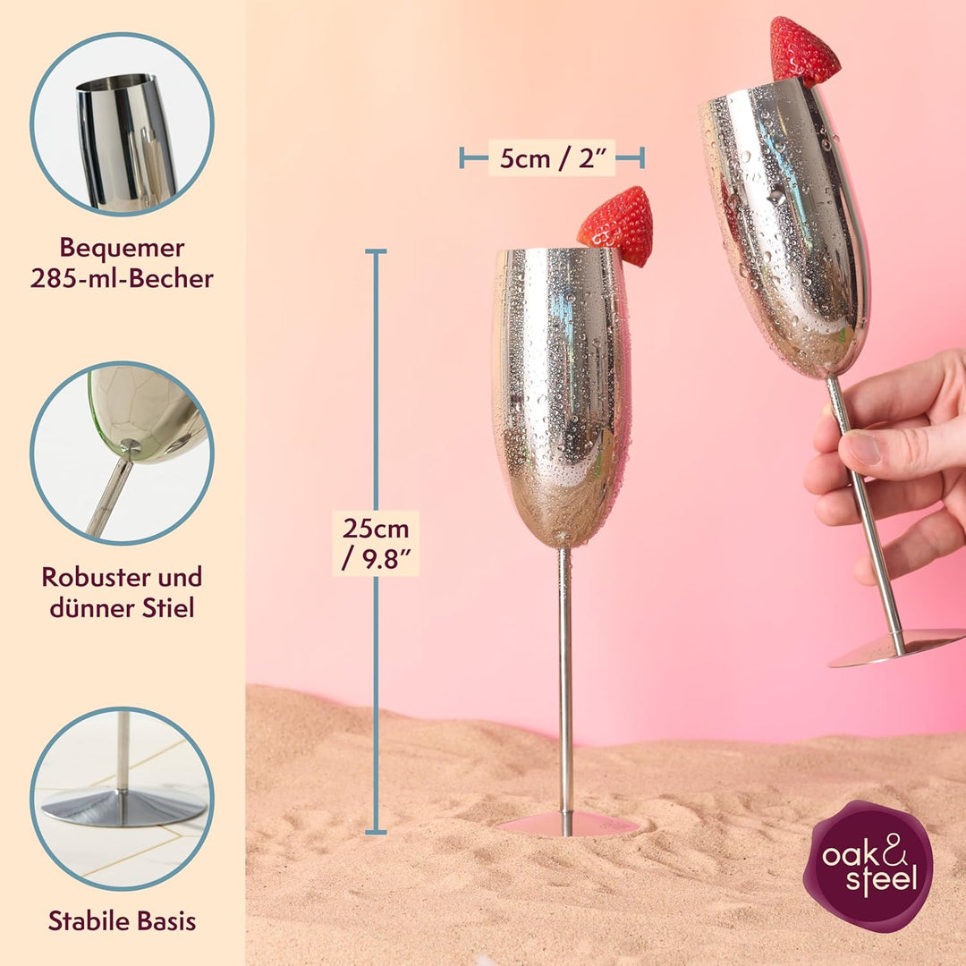 Oak & Steel - 4 Elegant Stainless Steel Silver Champagne Prosecco Flutes Glasses, 285ml - Unbreakabl