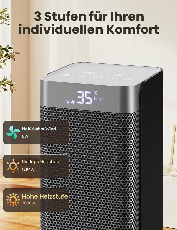Heizlüfter Energiesparend, 2000W, PTC Keramik Heizung,LED-Anzeige,70° Oszillation,12-Stunden-Timer,E