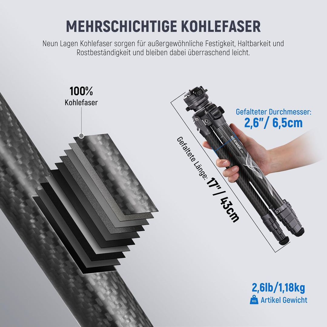 NEEWER LITETRIP LT32 62" Reisestativ aus Kohlefaser mit ±15° nivellierbar 360° Panoramakopf abnehmba