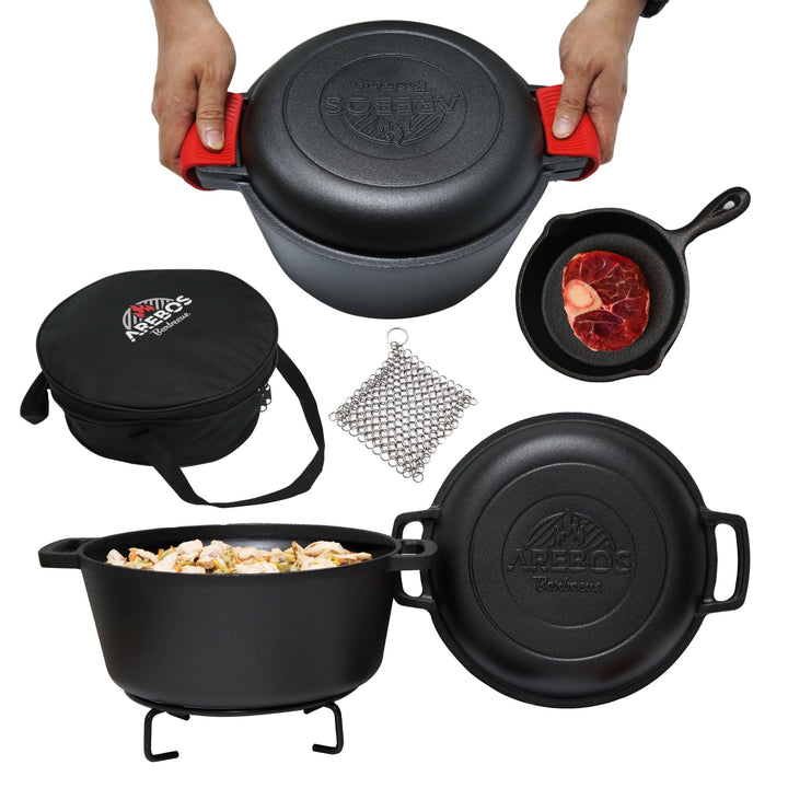Arebos Dutch Oven Set 2in1 | Gusseisen Topf 4,8 L & Pfanne 1,8 L | Eingebrannter BBQ Feuertopf & Bra