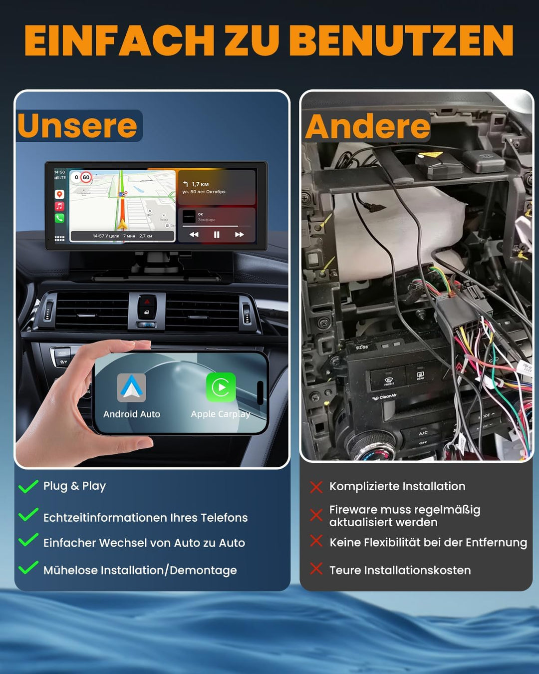 Carplay Display, 8.88" Apple Carplay, Android Auto Display mit 1080P HD Rückfahrkamera & Frontkamera