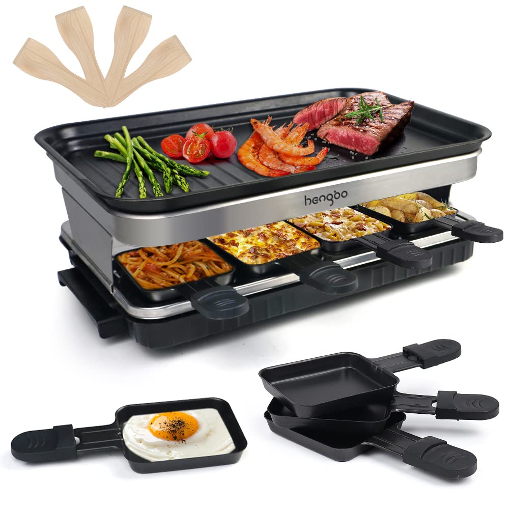 HengBO Raclette Grill für 6 8 10 Personen mit 8 Rraclette Pfannen 4 4 Holzspatel Antihaft-beschichte