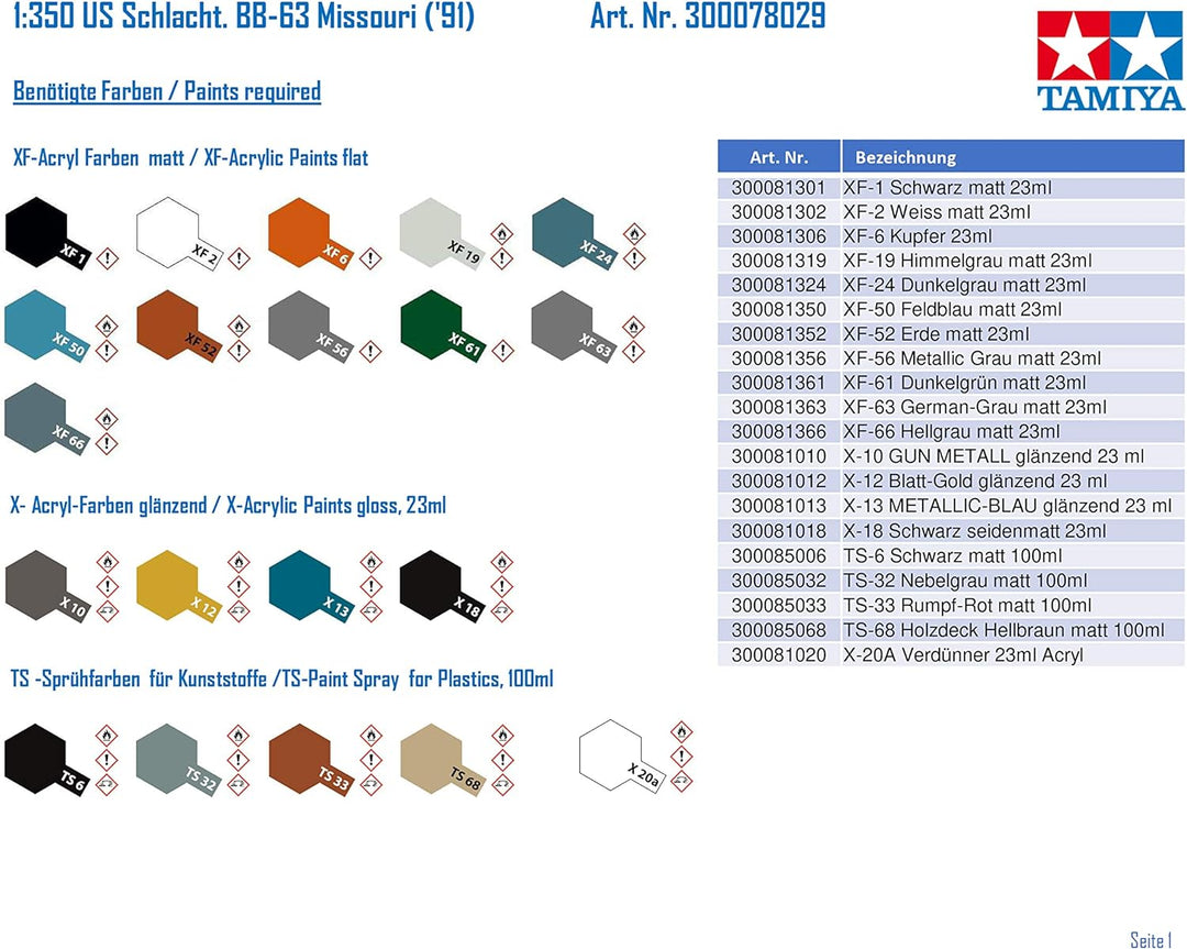 Tamiya 300078029-1:350 US Schlachtschiffs BB-63 Missouri ('91)