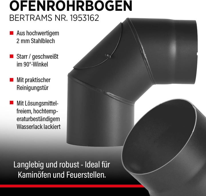 BERTRAMS Ofenrohr 150mm Ø Bogen mit Tür Gussgrau | Stahlrohr mit 90° Winkel | Feuerrohr aus Stahlble