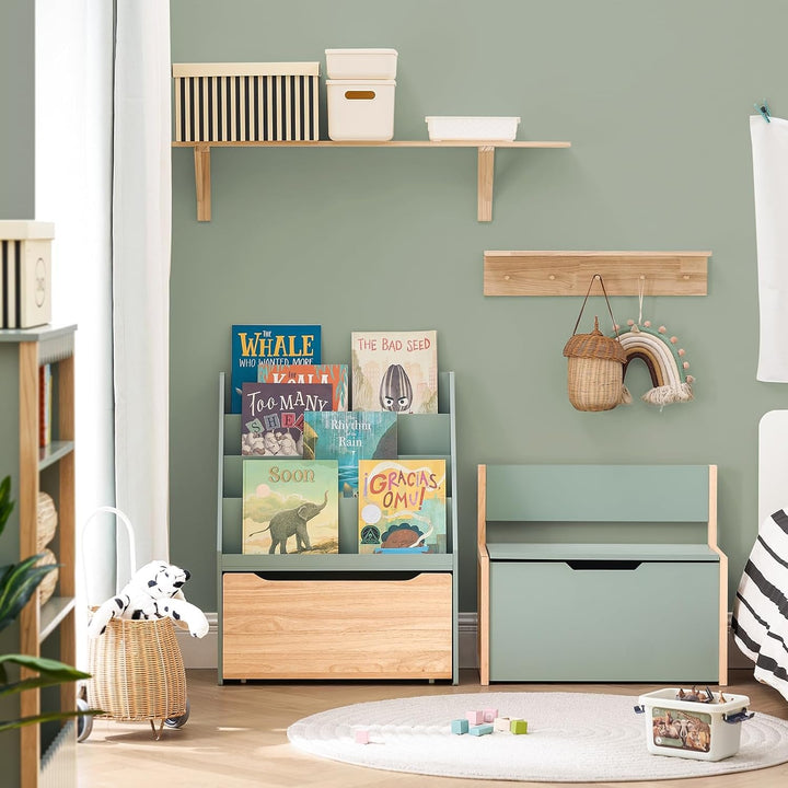 SoBuy Kinder Bücherregal Kinderregal mit 4 Ablagefächern und Einer herausnehmbaren Spielzeugtruhe Au