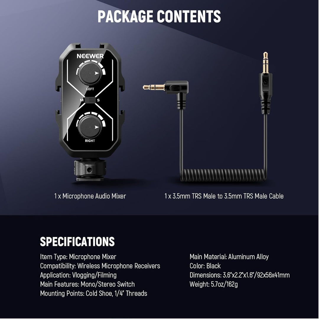 NEEWER MM01 Zweikanal Mikrofon Audiomixer Adapter mit 3,5mm TRS Kabel, Stereo und Mono Schalter, Col
