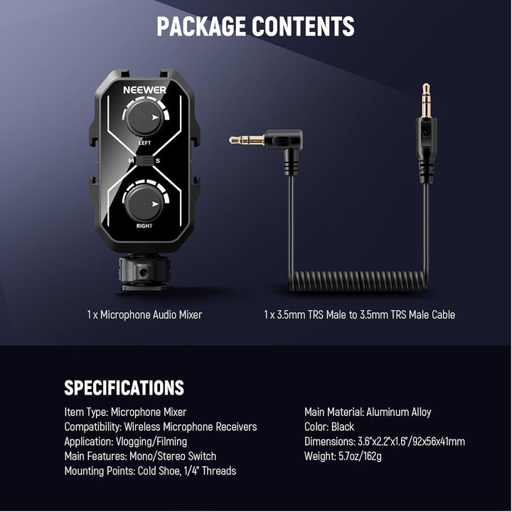 NEEWER MM01 Zweikanal Mikrofon Audiomixer Adapter mit 3,5mm TRS Kabel, Stereo und Mono Schalter, Col