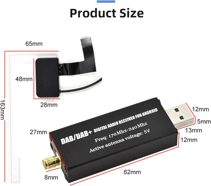 Podofo DAB/DAB+ Dongle USB Adapter mit Autoscheibenantenne, Universal für Android Autoradio Player,