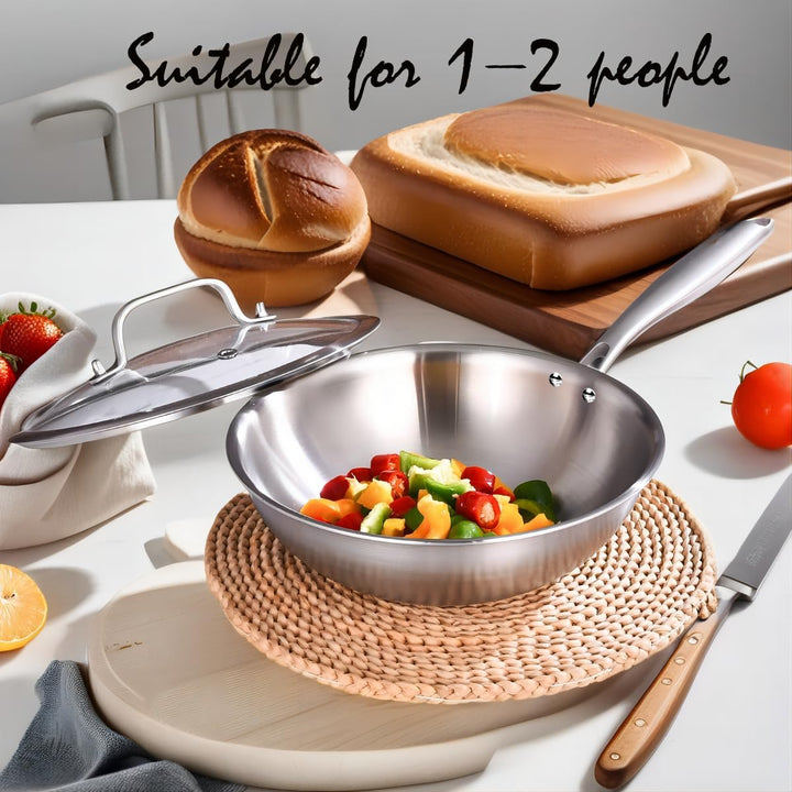 LOLYKITCH Wokpfanne Edelstahl 26 cm mit Deckel, Unbeschichtete Wok Pfanne für Induktion &amp; Gasherd, E