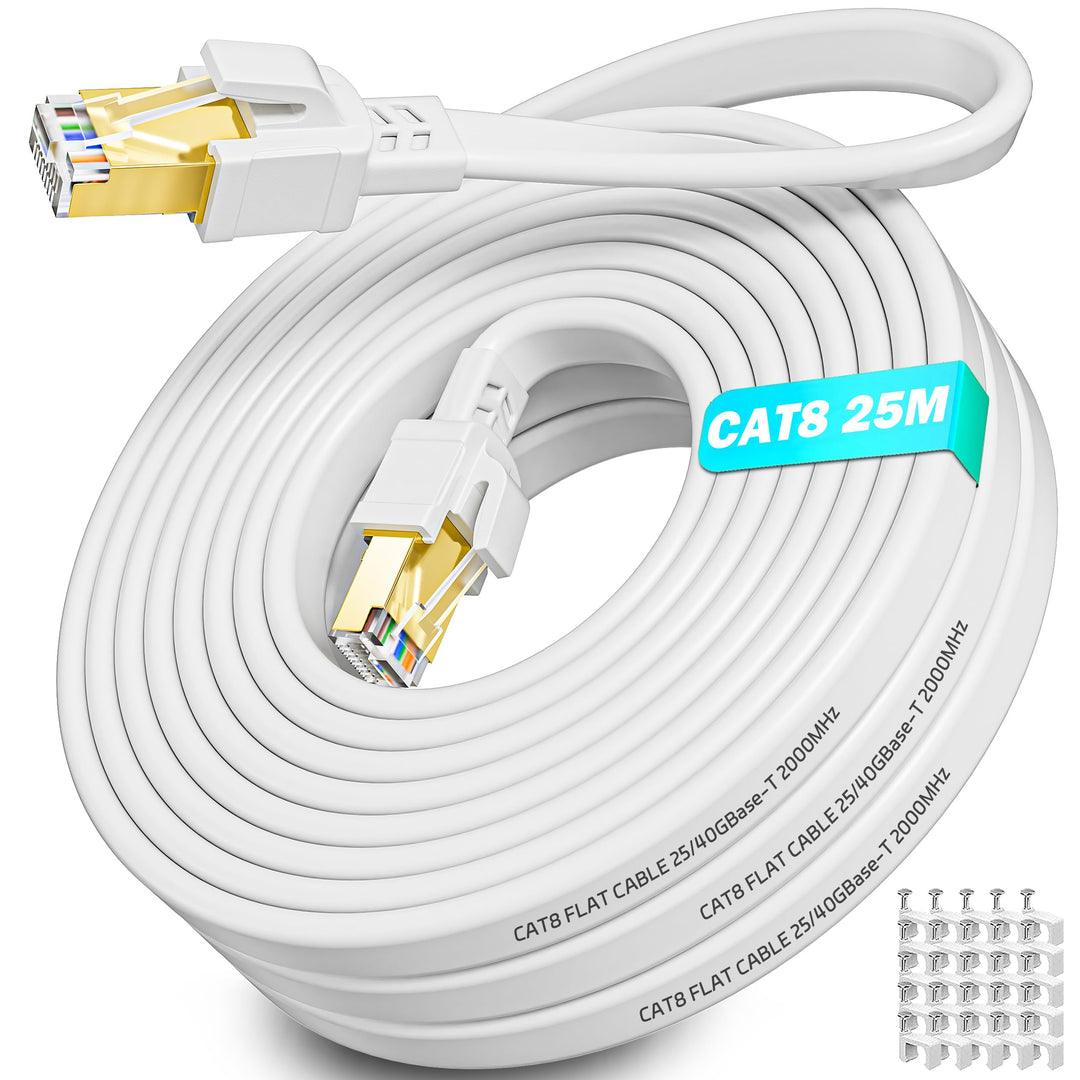 LAN Kabel 25m, Cat 8 Netzwerkkabel 25 Meter Weiss Flach, Ethernet Geschirmt | Internetkabel Hochgesc
