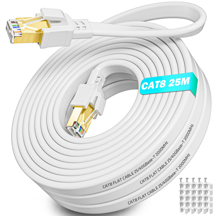 LAN Kabel 25m, Cat 8 Netzwerkkabel 25 Meter Weiss Flach, Ethernet Geschirmt | Internetkabel Hochgesc