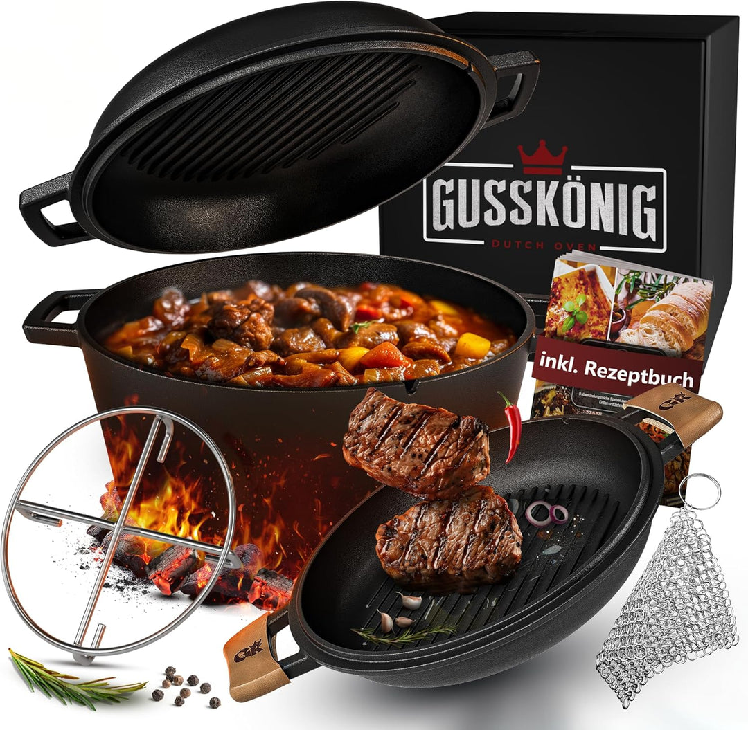 GUSSKÖNIG Dutch Oven - 2in1 Eingebrannter Gusseisen Topf 4,8L & Gusspfanne 1,8L - Dutch Oven Set mit