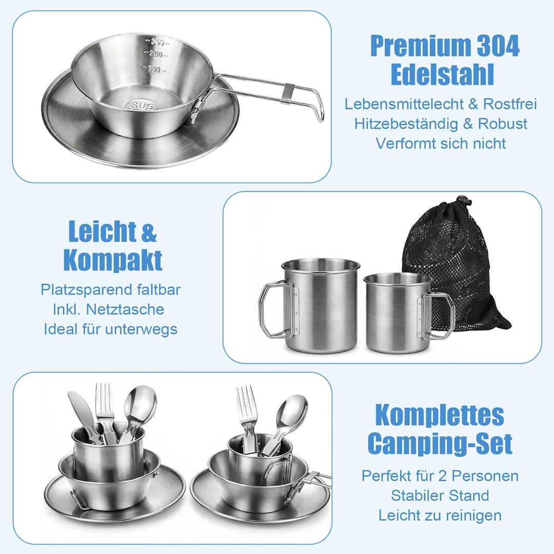Campingbesteck Set für 2 Personen - Camping Geschirr Set mit Edelstahl Faltbares Klappbesteck & Etui