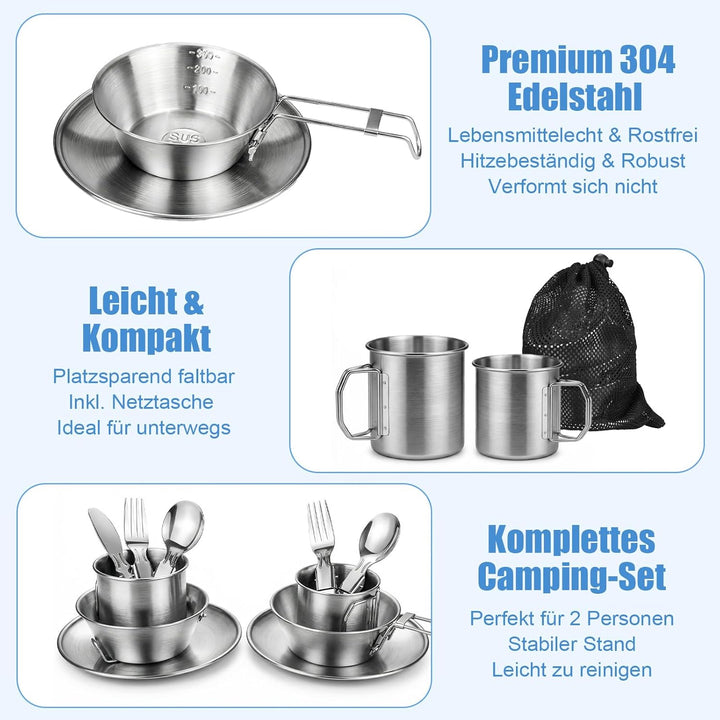 Campingbesteck Set für 2 Personen - Camping Geschirr Set mit Edelstahl Faltbares Klappbesteck & Etui