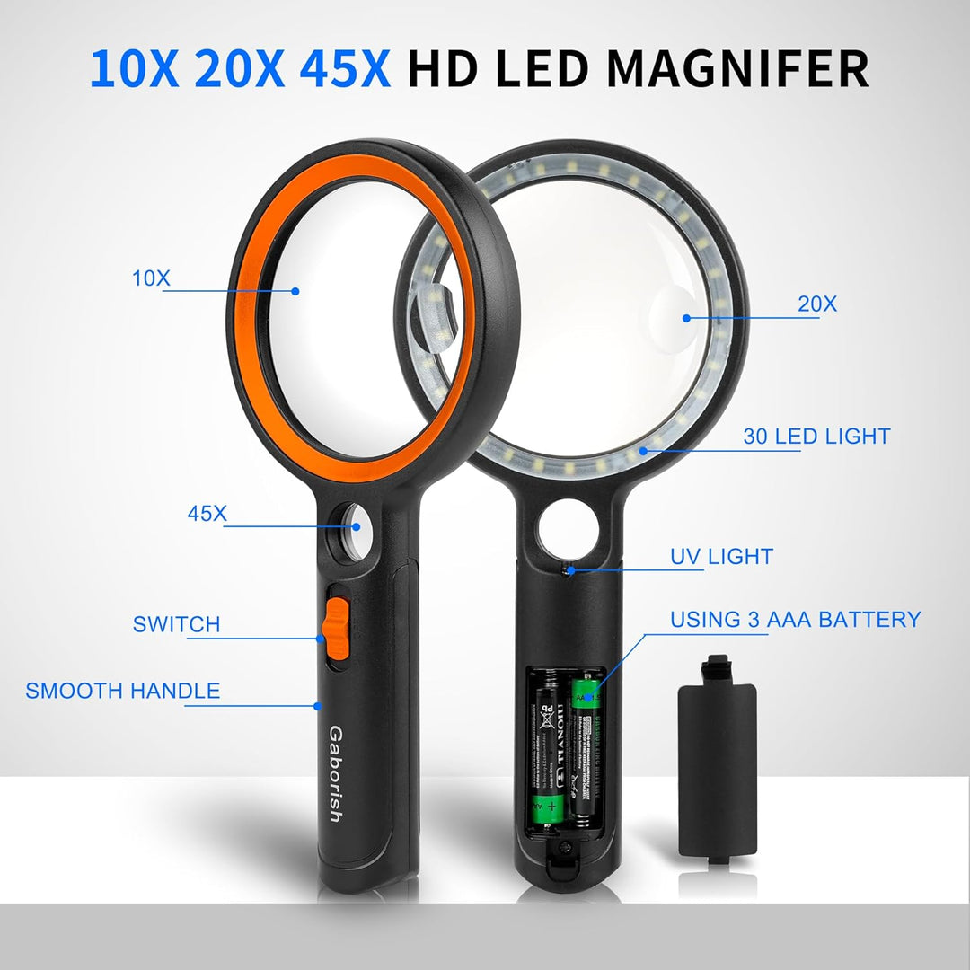 GABORISH Lupe mit Licht, 10X 20X 45X Handlupe mit Licht, Magnifying Glass mit 30 LED und 1 UV, Vergr