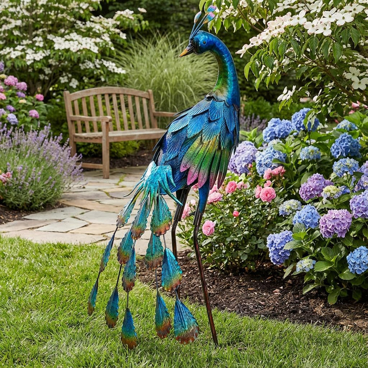 TERESA'S COLLECTIONS Gartenfigur für Aussen, Gartendeko für draussen, 57cm Metall Pfau Wetterfest Fi