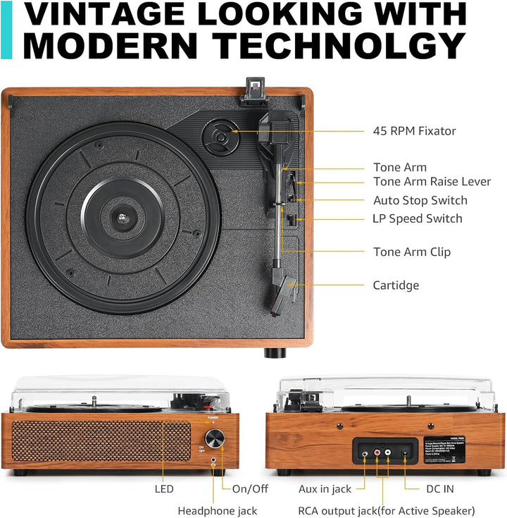 Trynnay Plattenspieler mit Lautsprecher Schallplattenspieler Wireless LP Phonograph mit Eingebauten