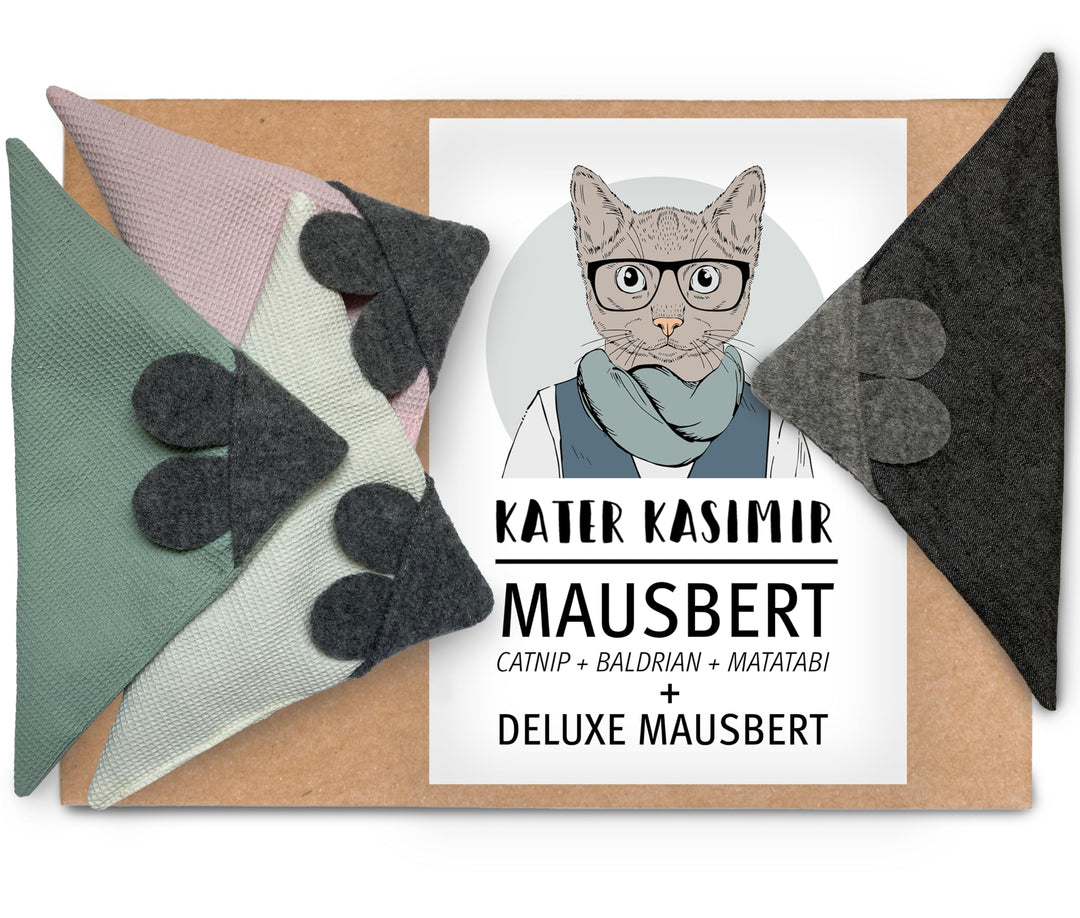 Kater Kasimir MAUSBERT 2-in-1 Kuschelkissen und Katzenspielzeug Maus in Einem! 4er Set mit Bio-Katze