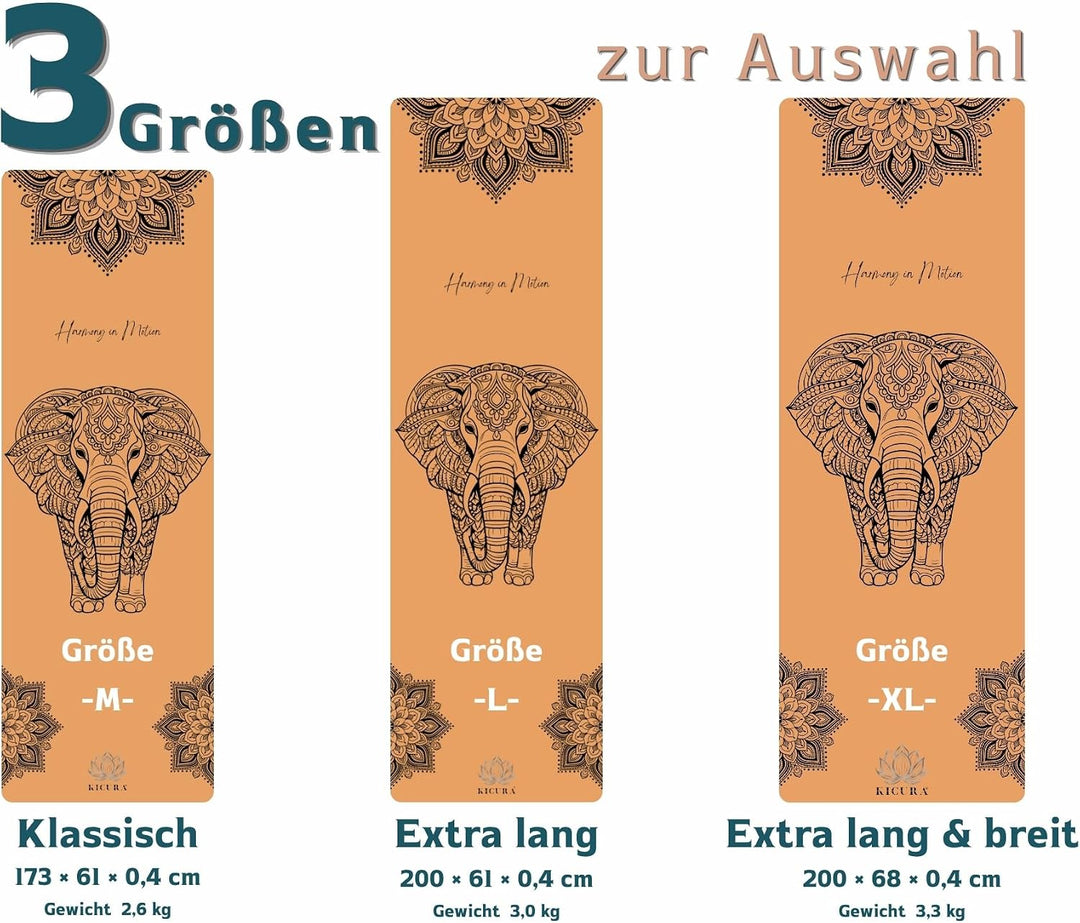 Yoga-Matte aus Kork &amp; Naturkautschuk mit Elefanten-Mandala – rutschfeste Premium-Matte, 4 mm dick, m