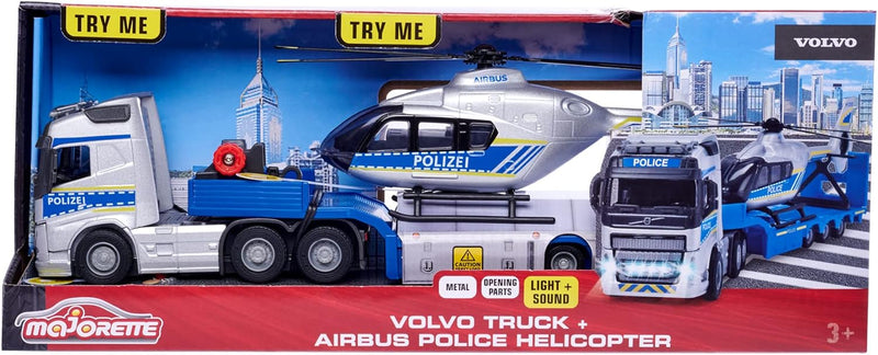 Majorette - Volvo Polizei-Transporter FH-16 (35 cm) – LKW mit Auflieger und Airbus Hubschrauber (25,