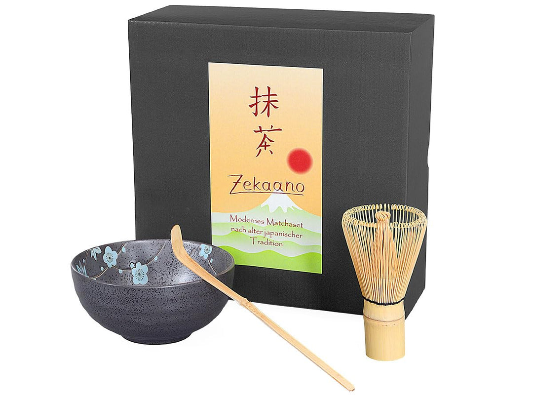Matcha-Set 3-teilig, 250ml anthrazit/blau, gesprenkelt/Matcha Schale/Matcha Bambuslöffel/Matcha Bamb