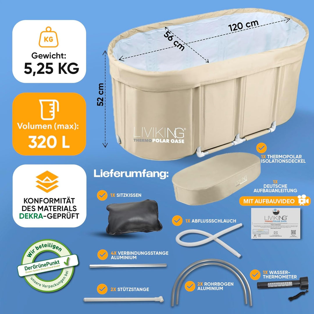 Eisbad + Faltbare Badewanne Erwachsene [120 cm - 2in1 KOMFORT KOMPLETTSET] Eisbaden Tonne, Mobile Ba