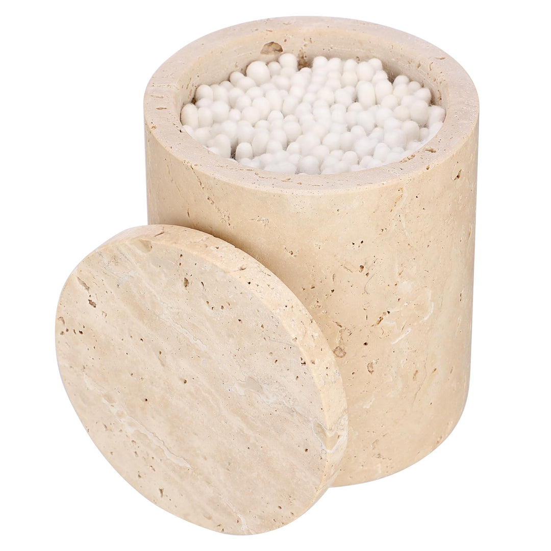 Travertin Rund Dose Modern Wattestäbchen Box Wattepadspender mit Deckel Make-up Tupferhalter für Bad