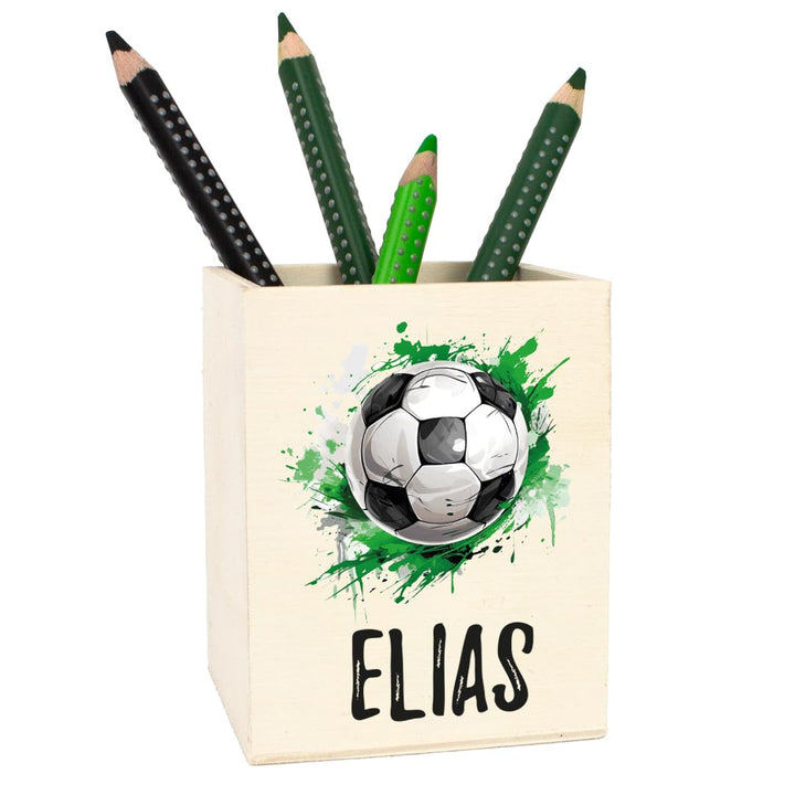 Personalisierter Stiftehalter aus Holz Stiftebecher mit Wunschname Schulkind - Jungs (Fussball), Fus