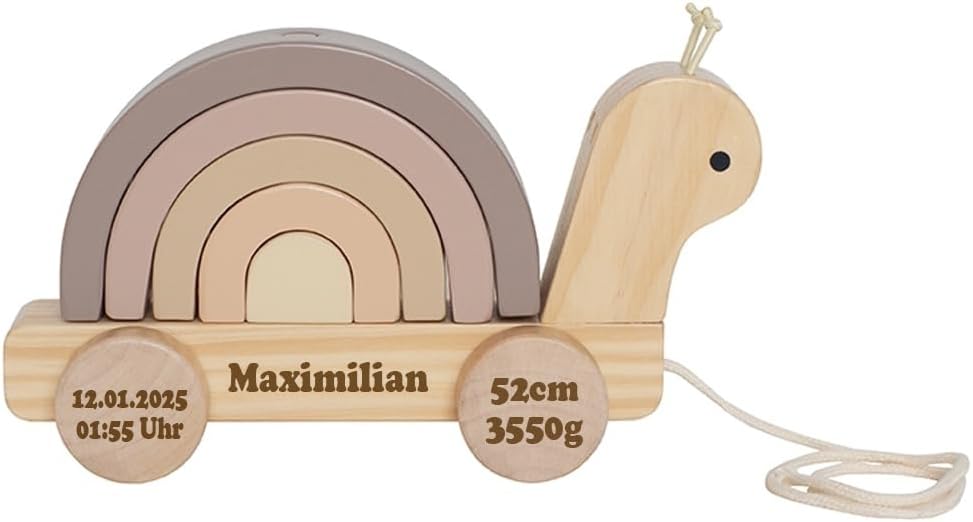 Nachziehtier aus Holz personalisierbar mit Name und Geburtsdaten des Kindes Gravur Holzspielzeug Zie