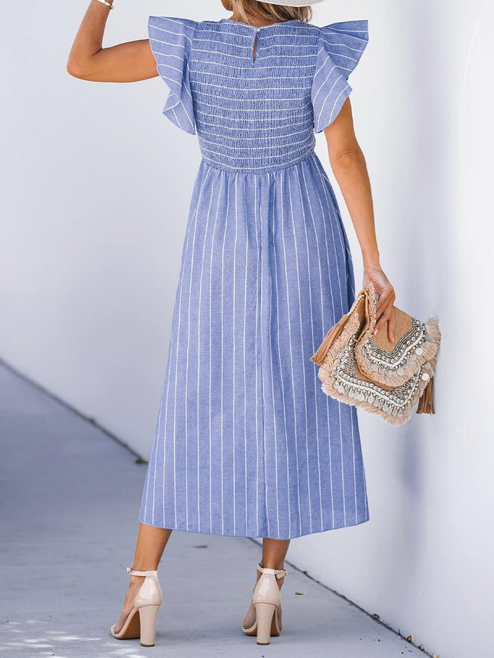 CUPSHE Damen Sommerkleid Quadratischer Ausschnitt Volantärmel Nadelstreifen A Linie Gesmoktes Maxikl